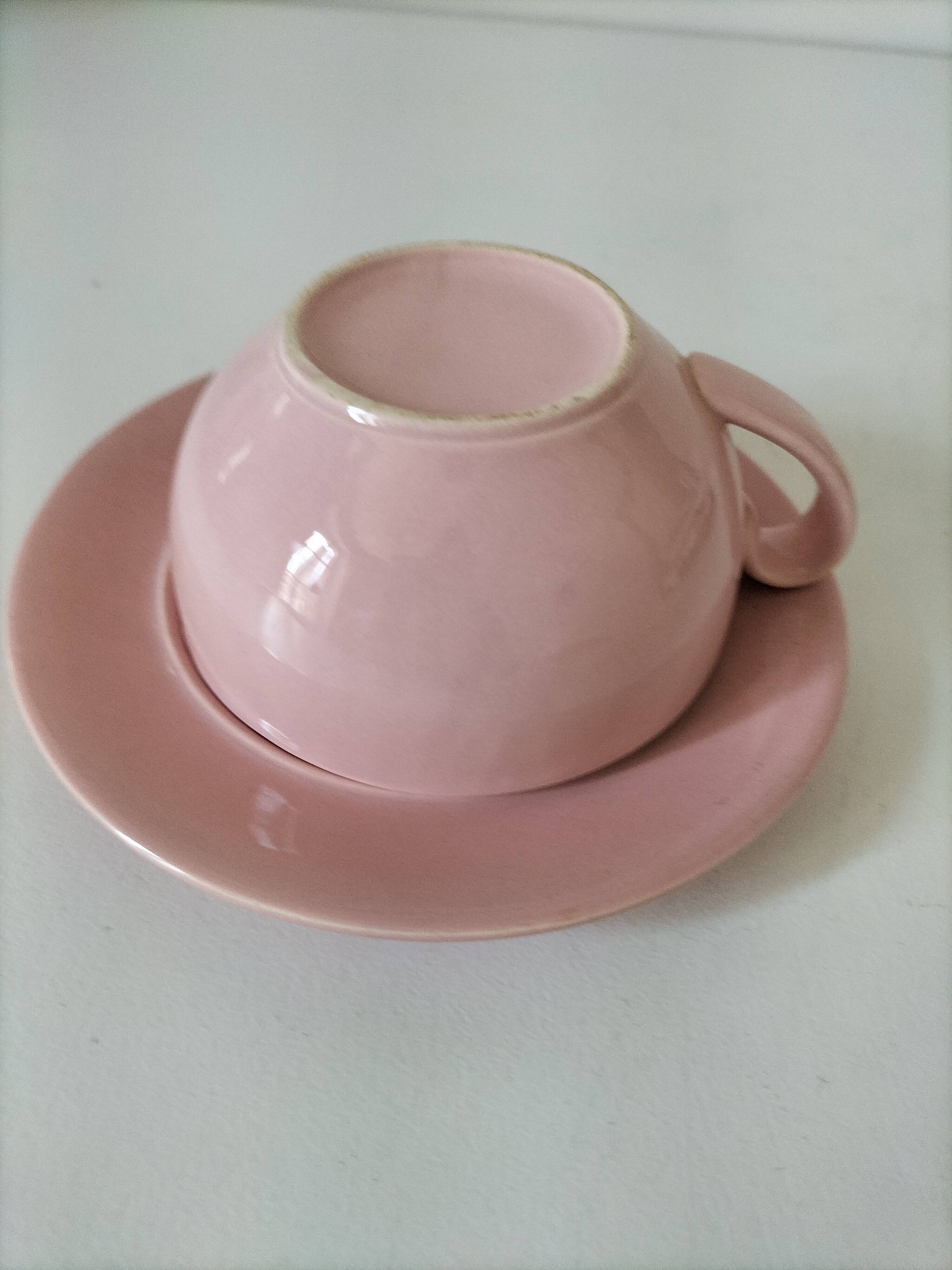 Cup and saucer Salins France in powdered pink earthenware – 1950s-60s