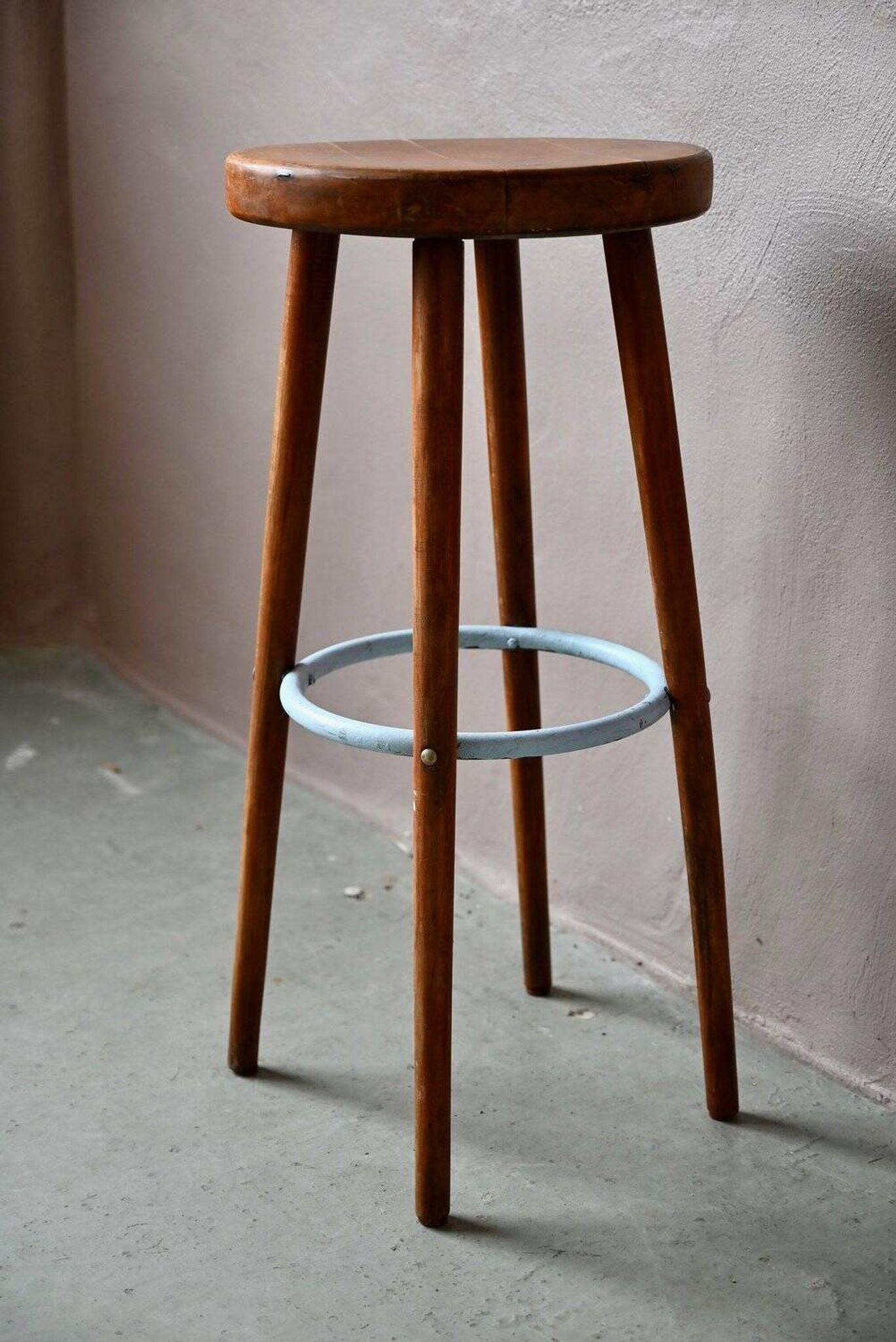 Tabouret de bar vintage années 60 bois et métal laqué bleu