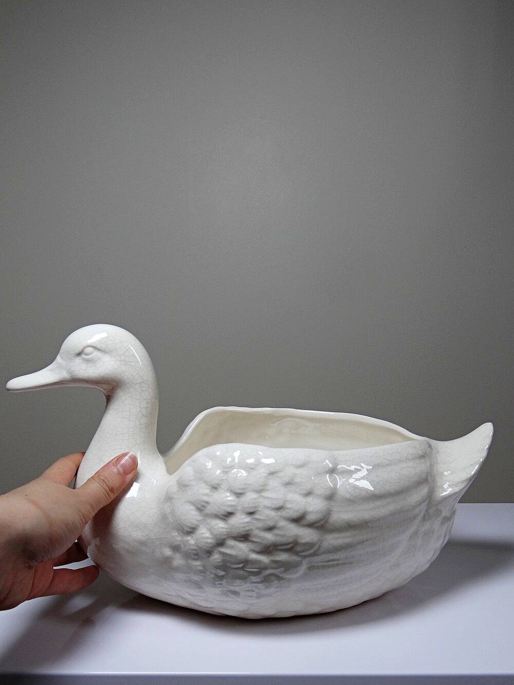 Cache pot/coupe canard en faïence craquelée beige vintage