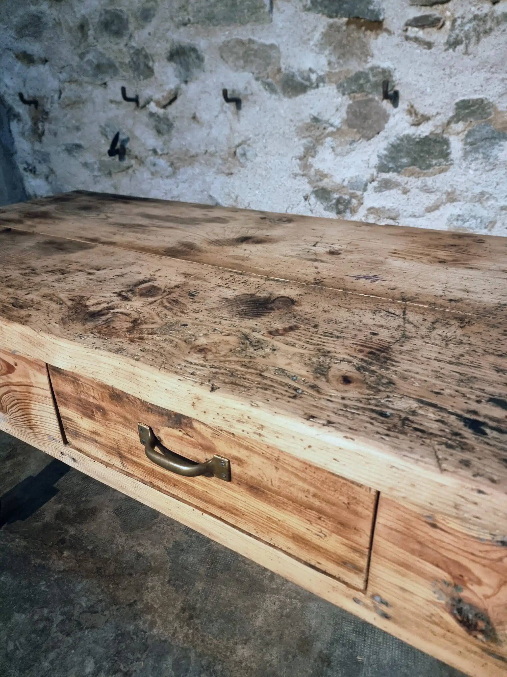 Vintage French pine work table, 1930s industrial kitchen island with drawer and casters