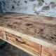 Vintage French pine work table, 1930s industrial kitchen island with drawer and casters
