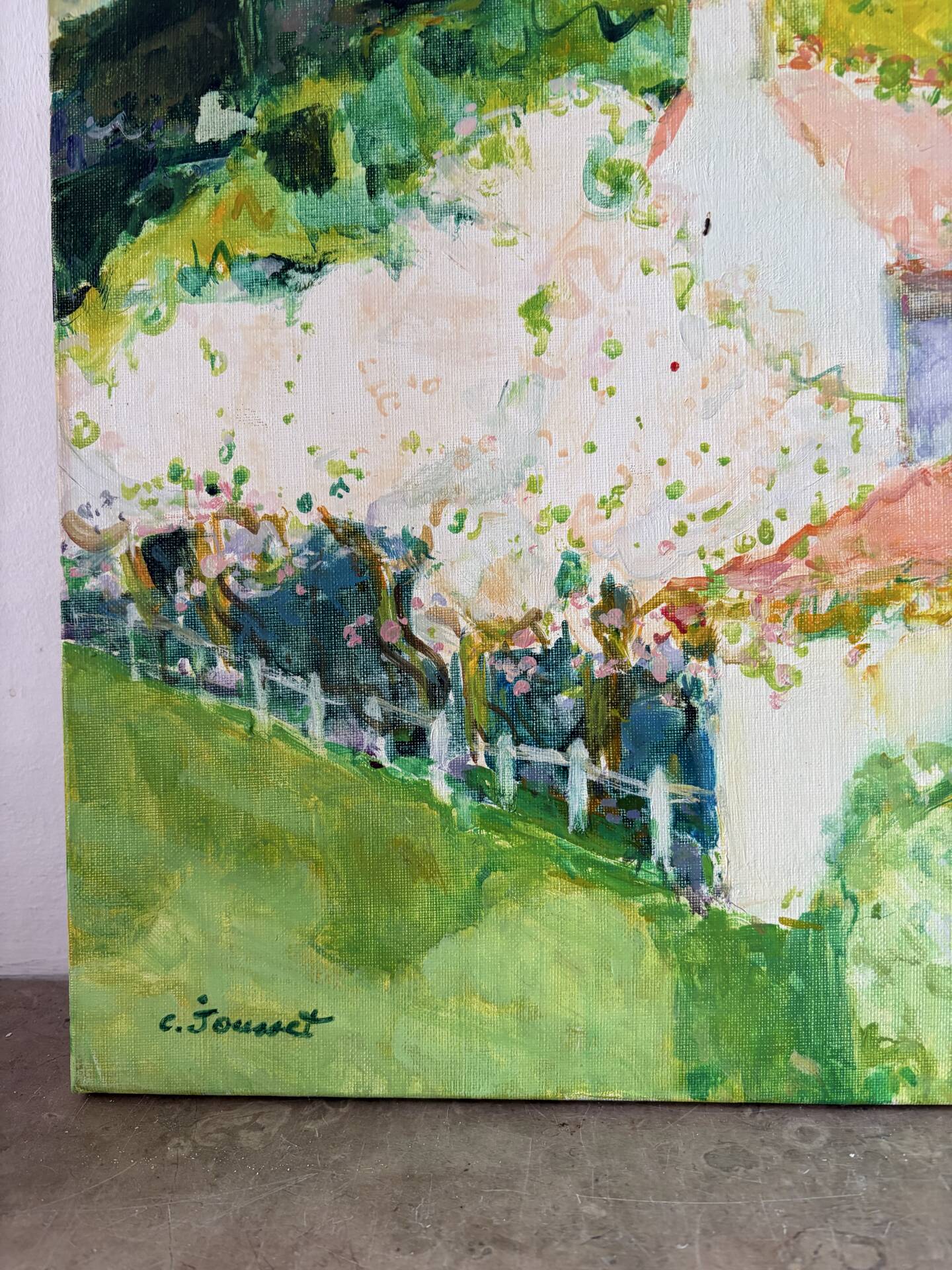 Village with pink roofs, oil on canvas signed Claude Jousset.