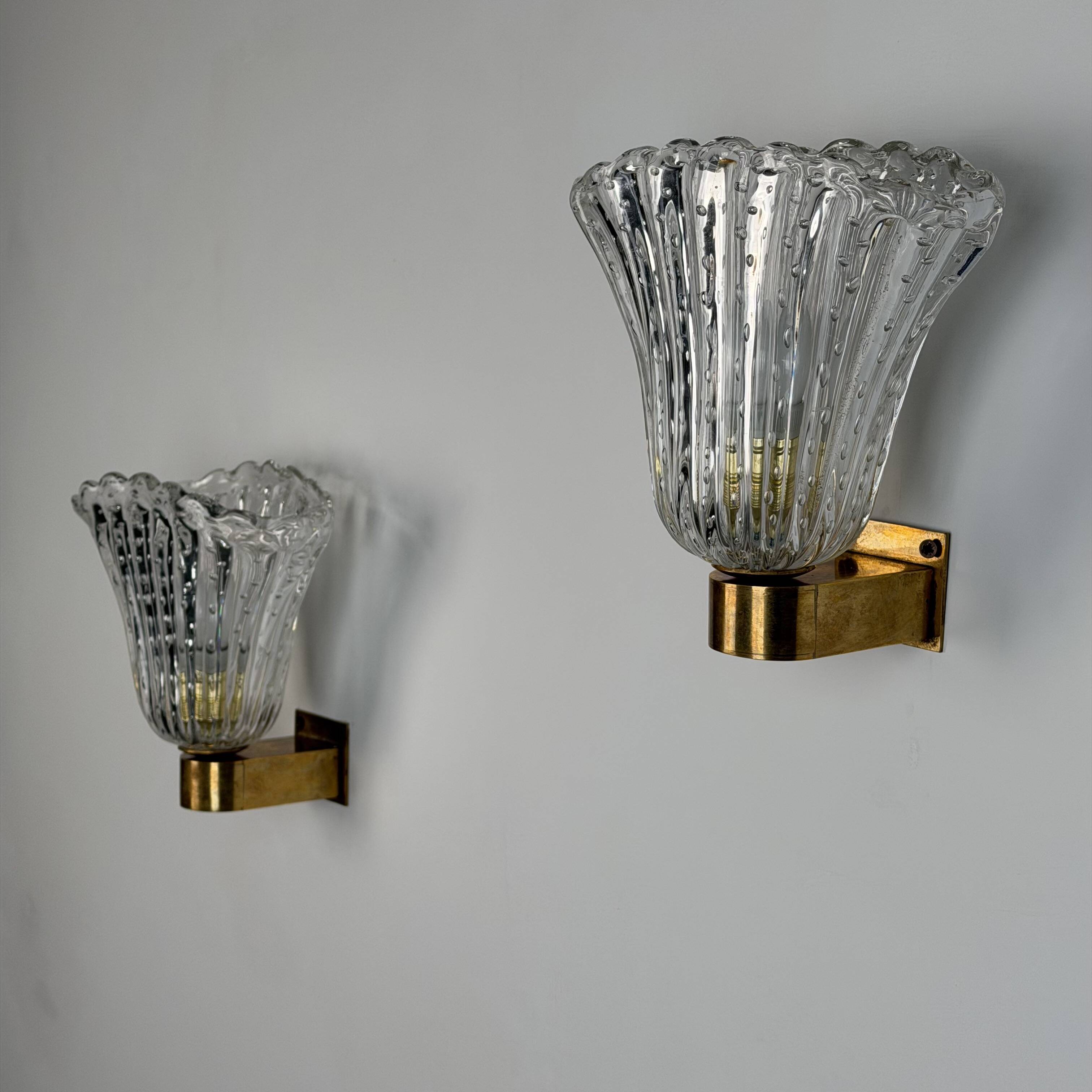 Pair of Archimede Seguso “Bullicante” Murano Glass Wall Sconces, 1940s