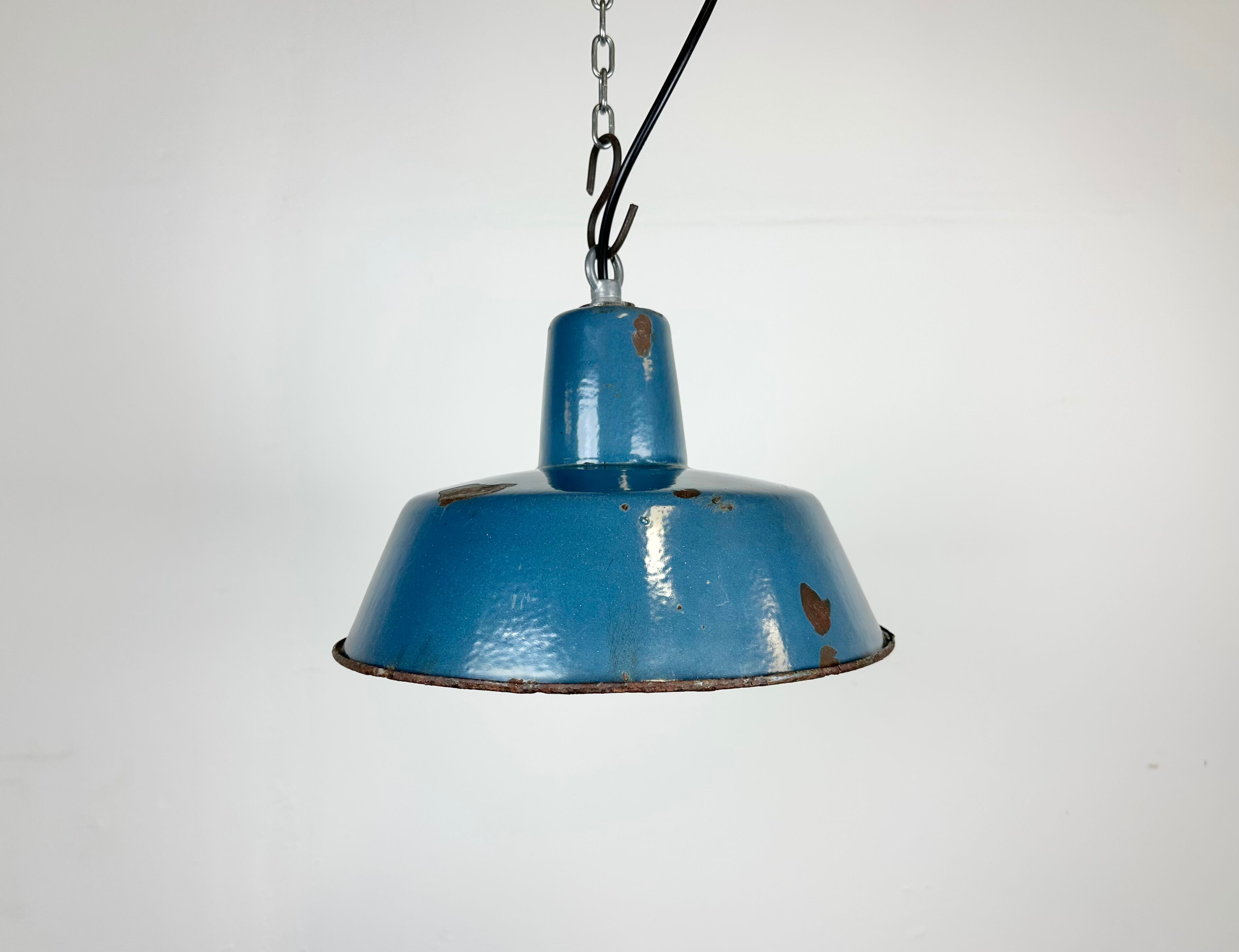Small Industrial Blue Enamel Pendant Lamp, 1960s