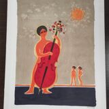 La viloncelliste, original lithograph signed, frederic menguy