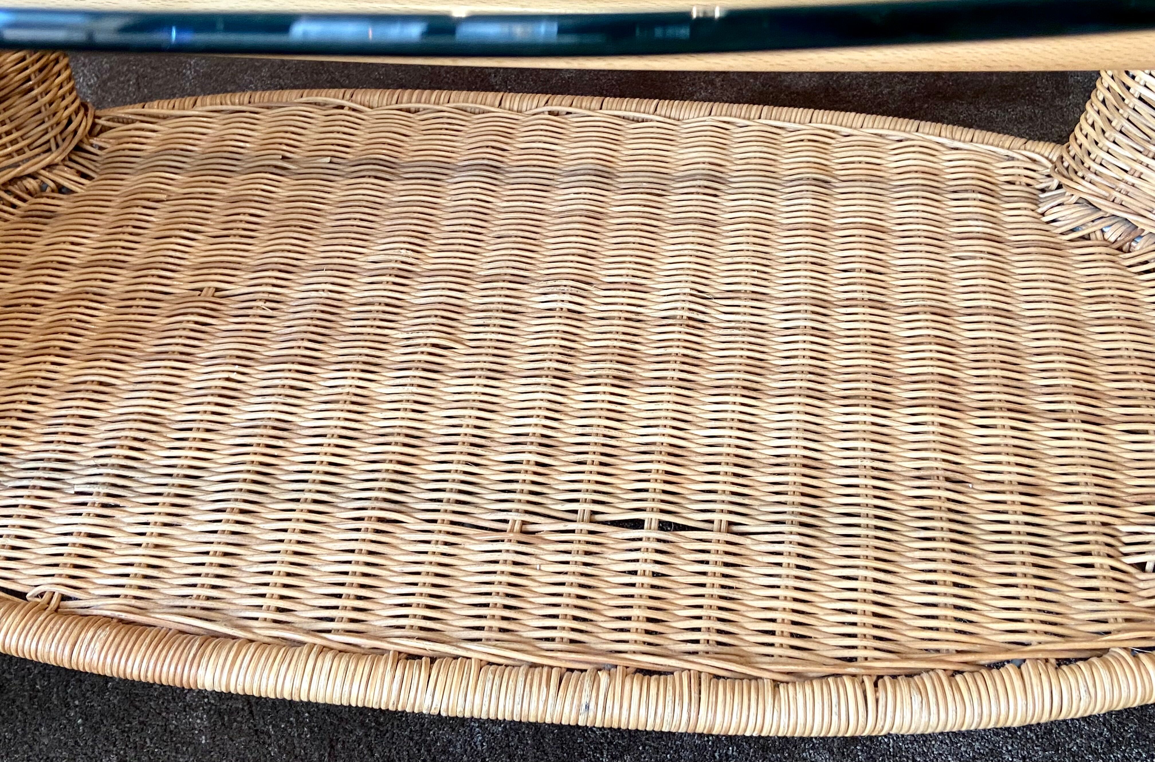 Rattan coffee table, glass top, metal legs, France, 1980
