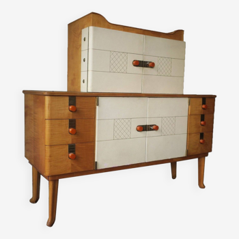 Sideboard in maple, leather and gold-coloured glass, Laszlo Hoenig attr, London 1940s