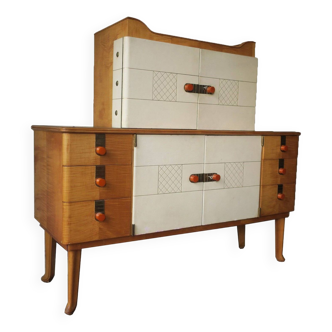 Sideboard in maple, leather and gold-coloured glass, Laszlo Hoenig attr, London 1940s