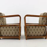 1930s Pair of Rare Refurbished Art Deco Armchairs in Walnut ,Reupholstered in Backhausen Fabric