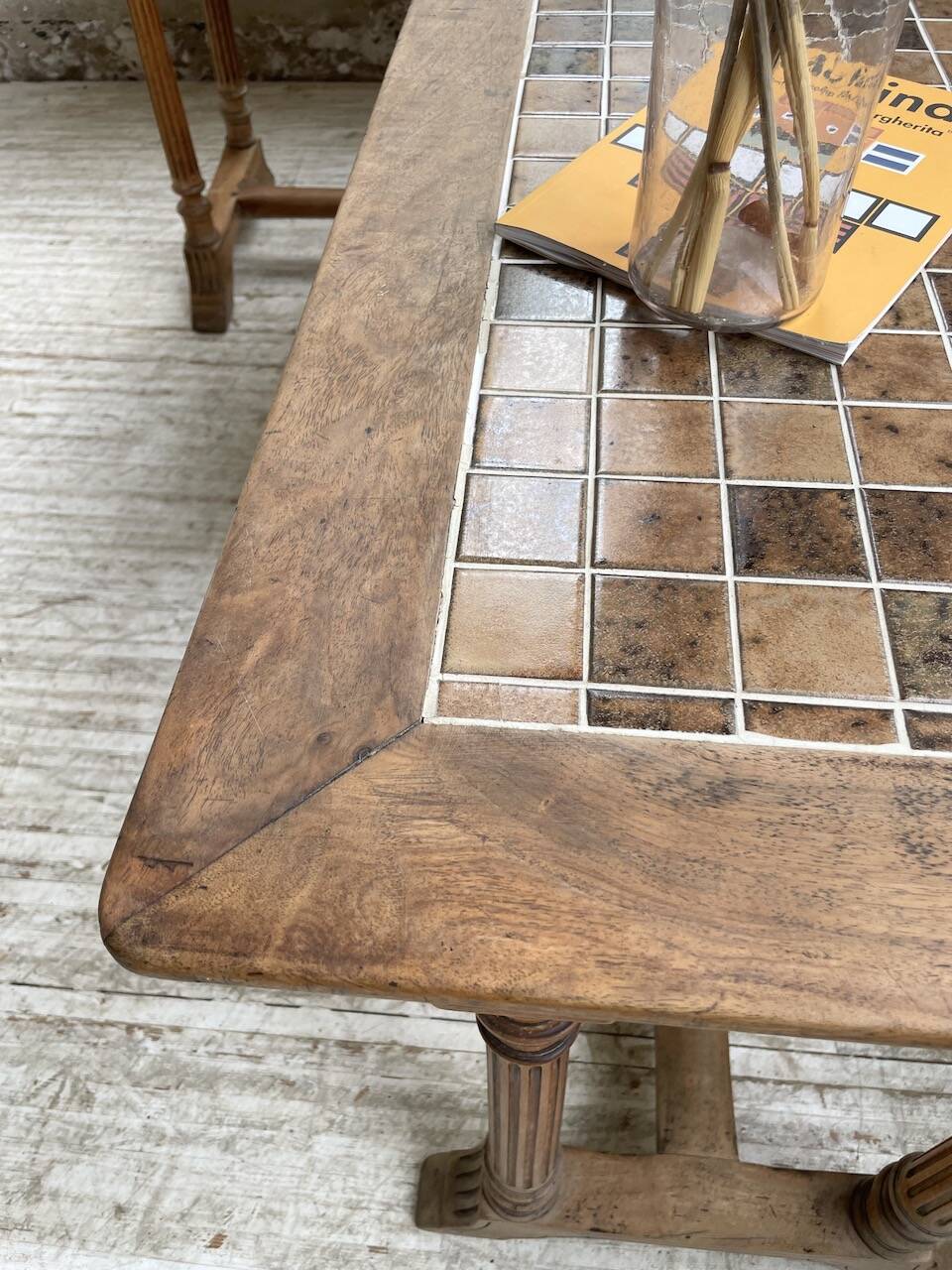 Set of two bistro tables in walnut and tiling from 1890.