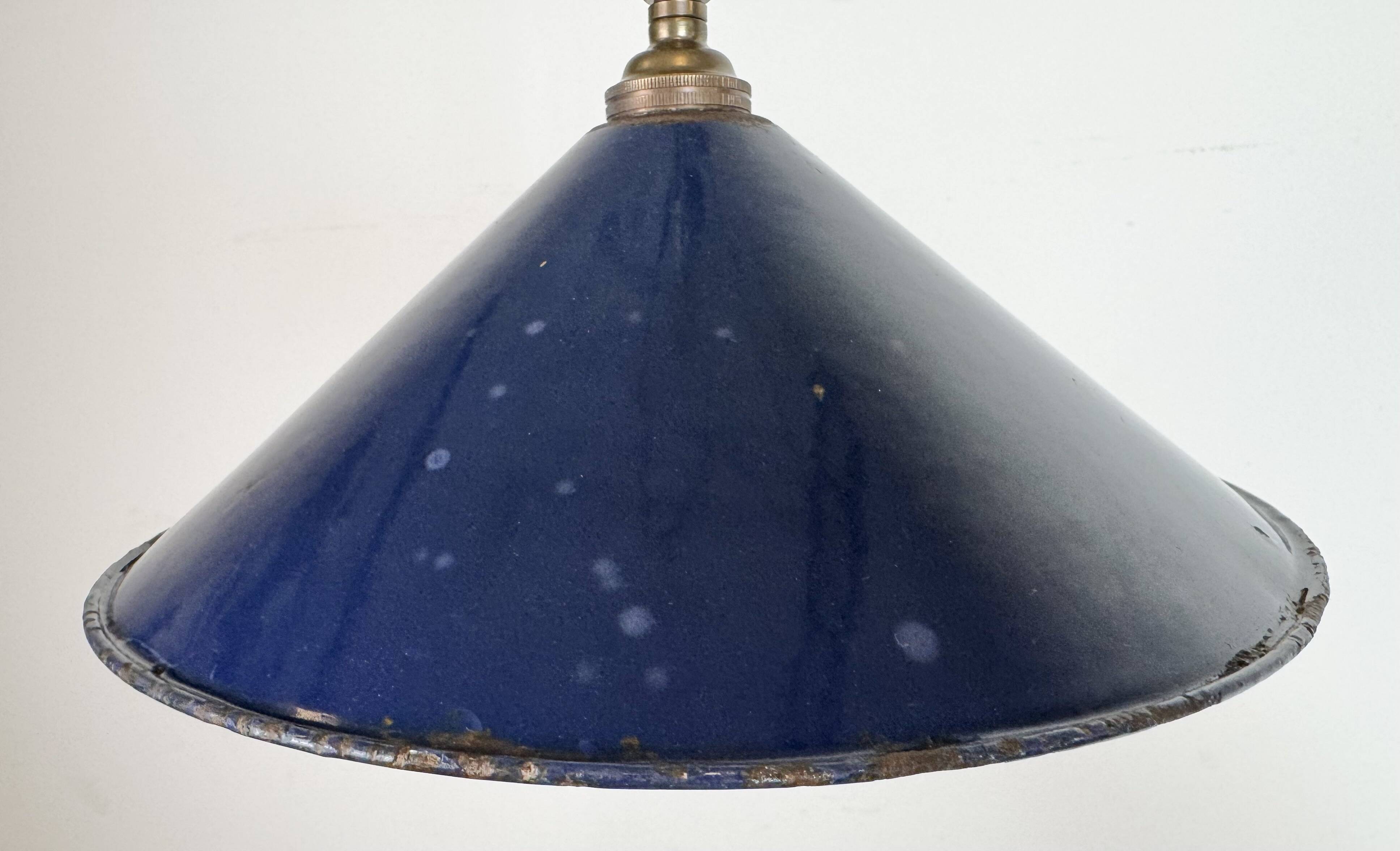 Industrial British Dark Blue Enamel Factory Pendant Lamp, 1950s