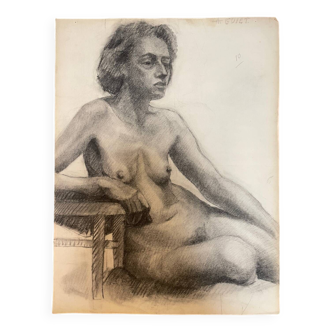 Old female nude drawing from the 40s signed Guiet