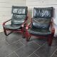 Pair of Scandinavian armchairs in leather and curved wood