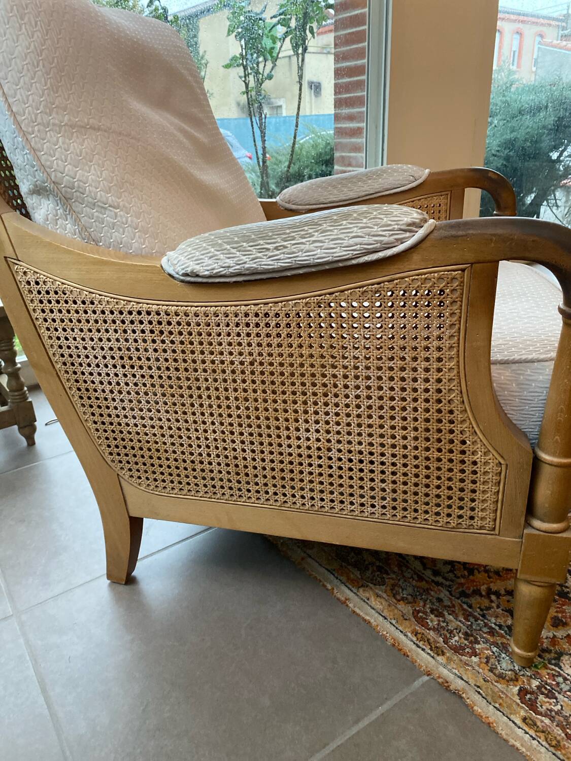 Sofa and armchair in cane and wood by Jean Roche
