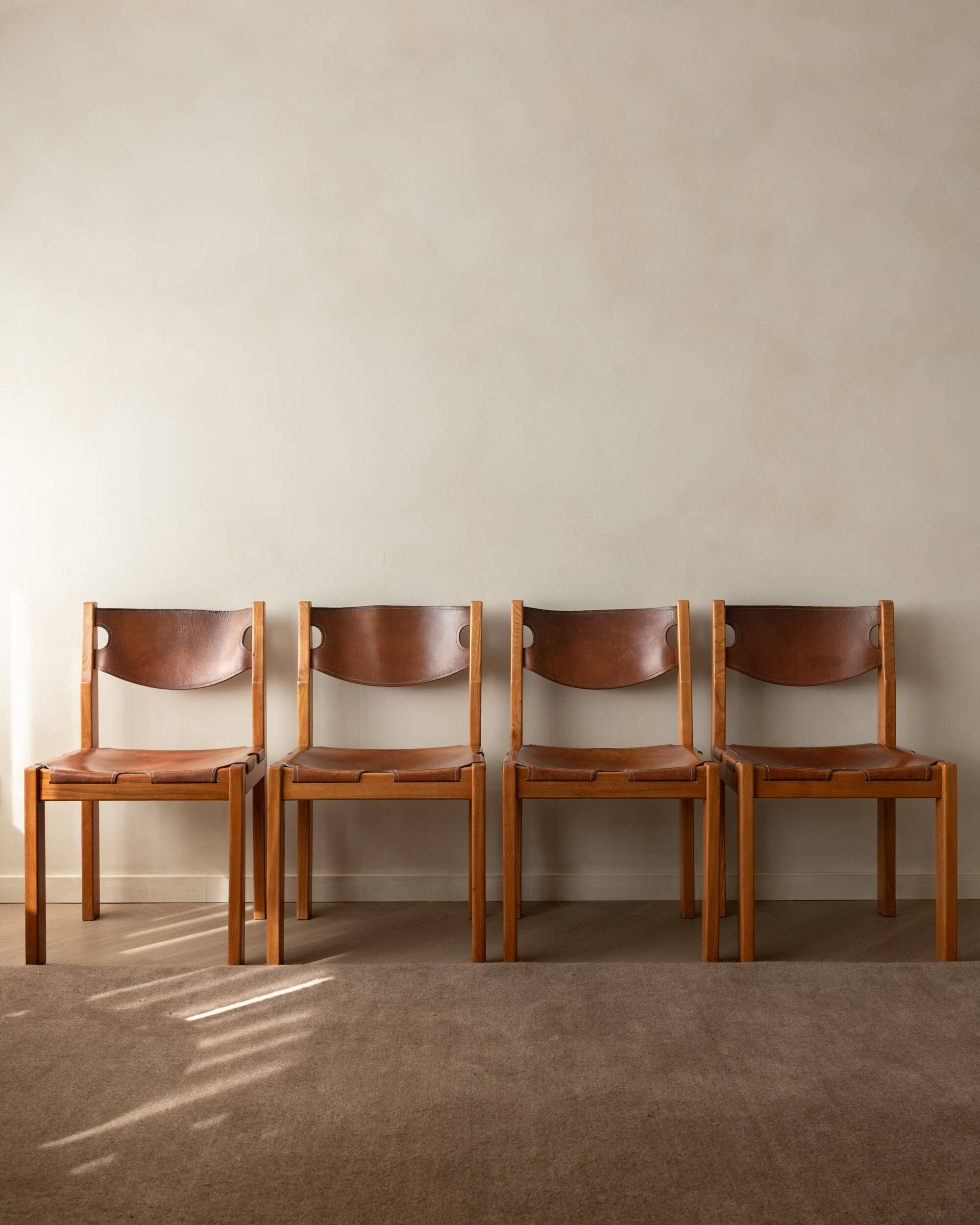 Brutalist Elm and Leather Dining Chairs by Maison Regain, 1970s, Set of 4