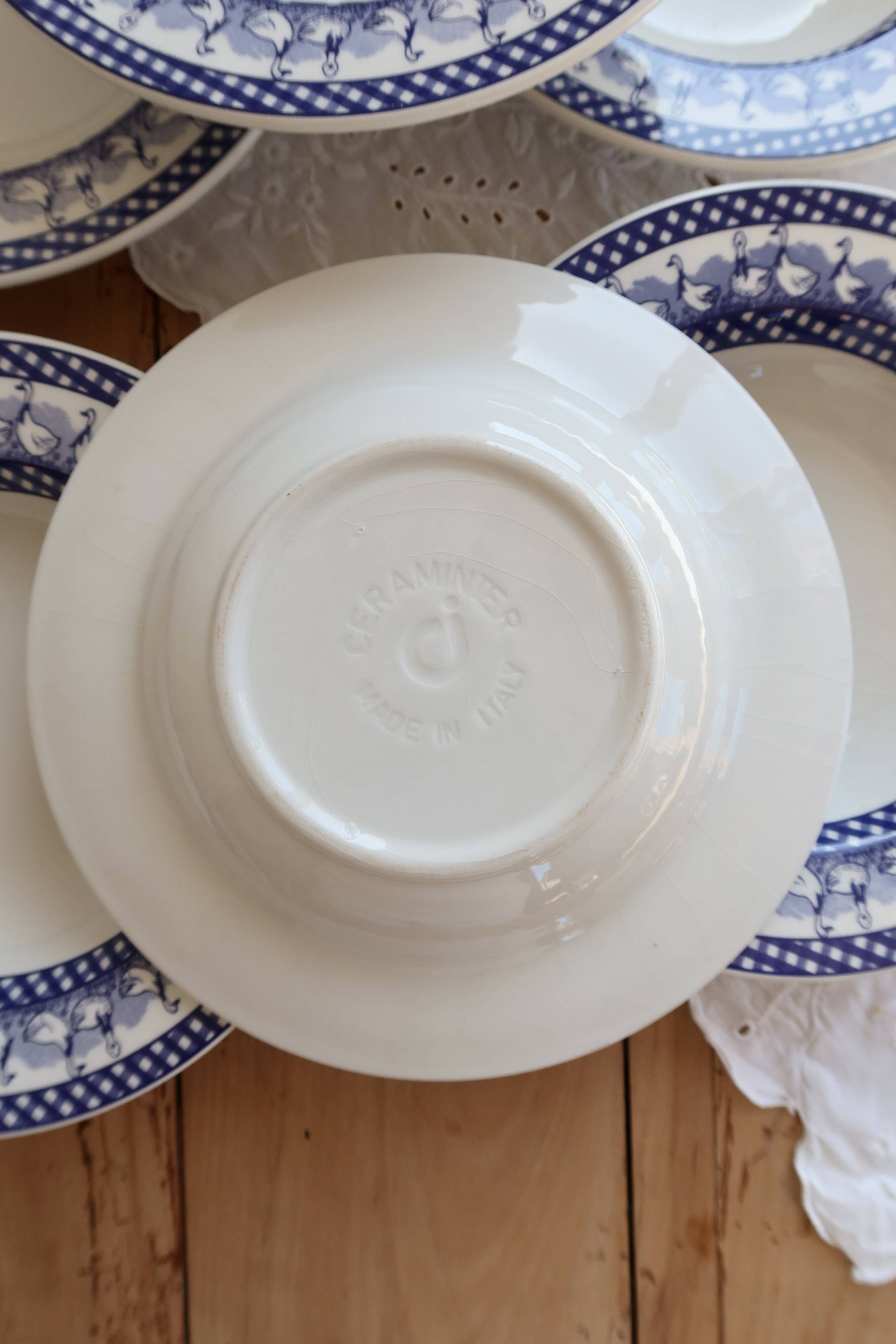 6 vintage deep plates with blue goose vichy decor
