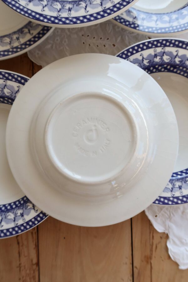 6 assiettes creuses vintage décor vichy oies bleues