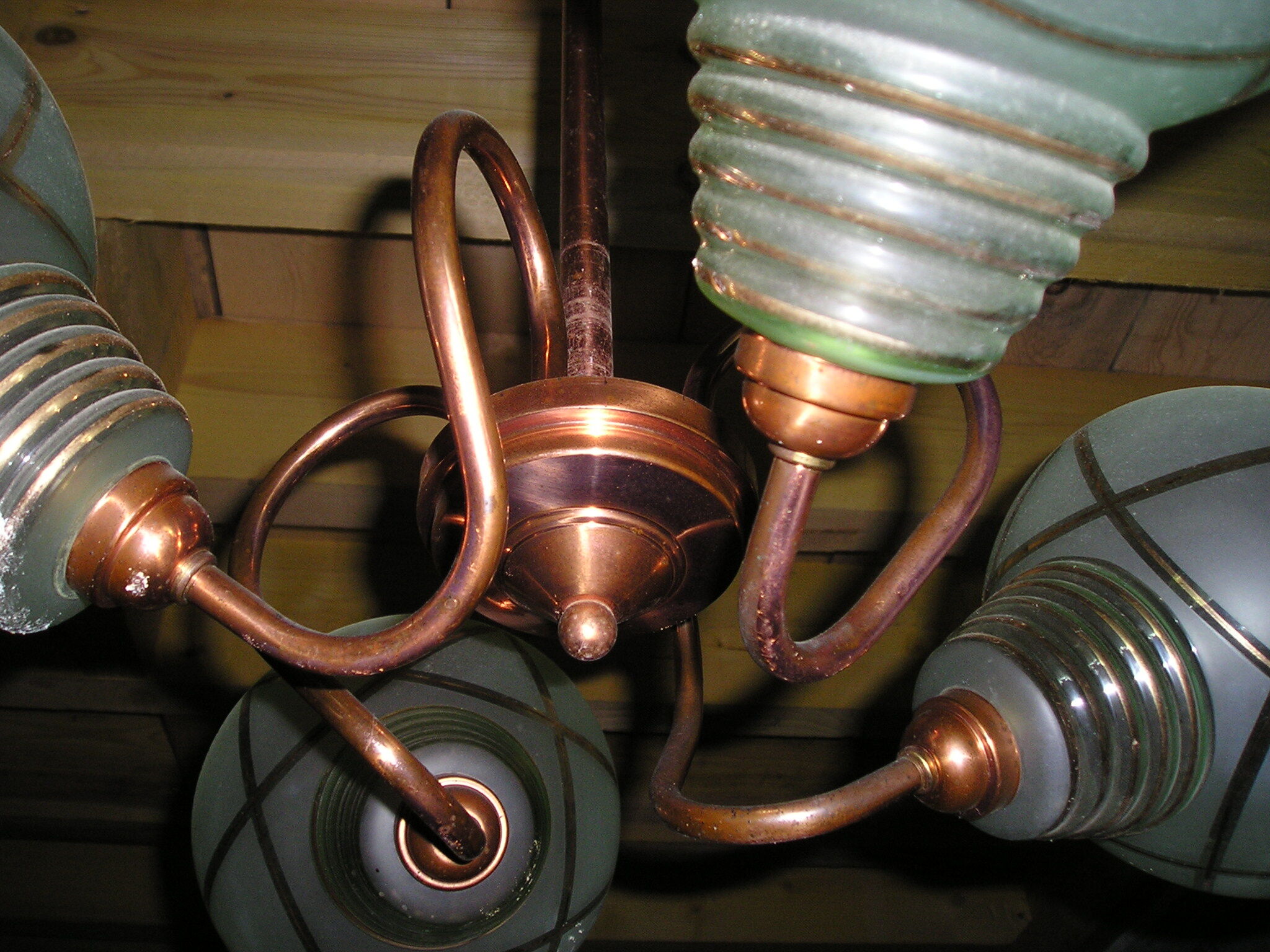 4-light copper and glass pendant chandelier, vintage 1950s