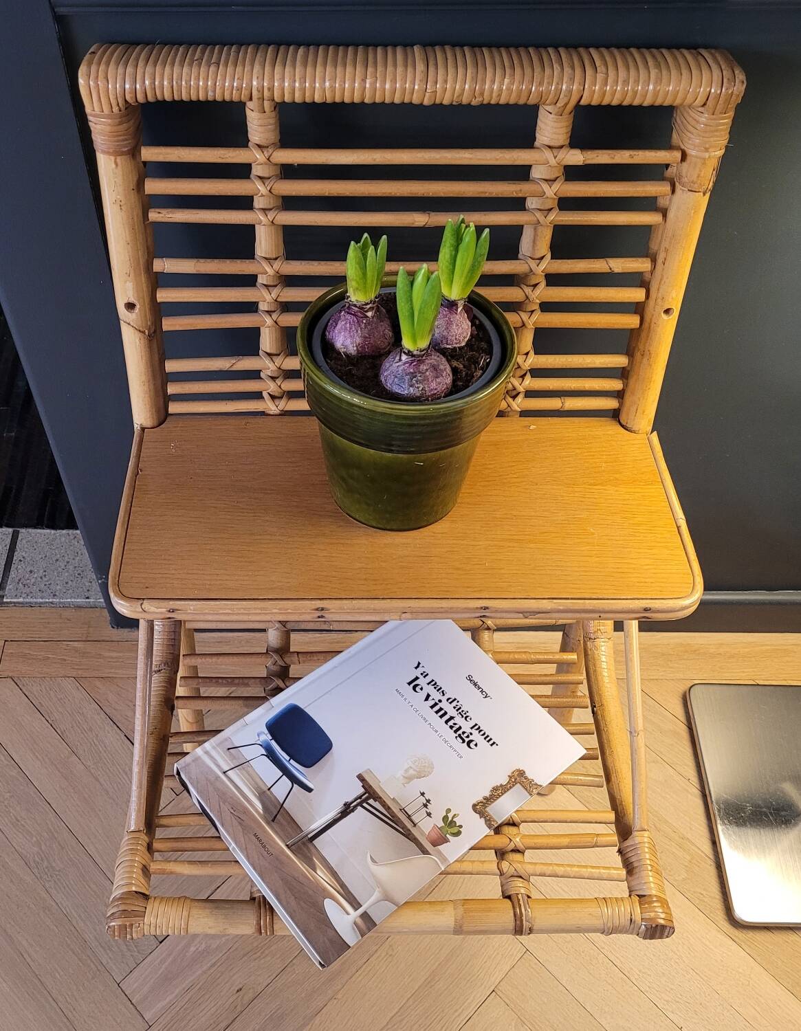 Vintage bamboo and rattan wall shelf