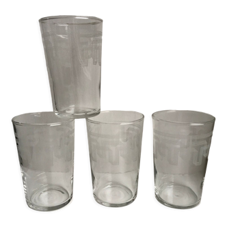 Lot de 4 verres à eau en verre gravé années 50-60