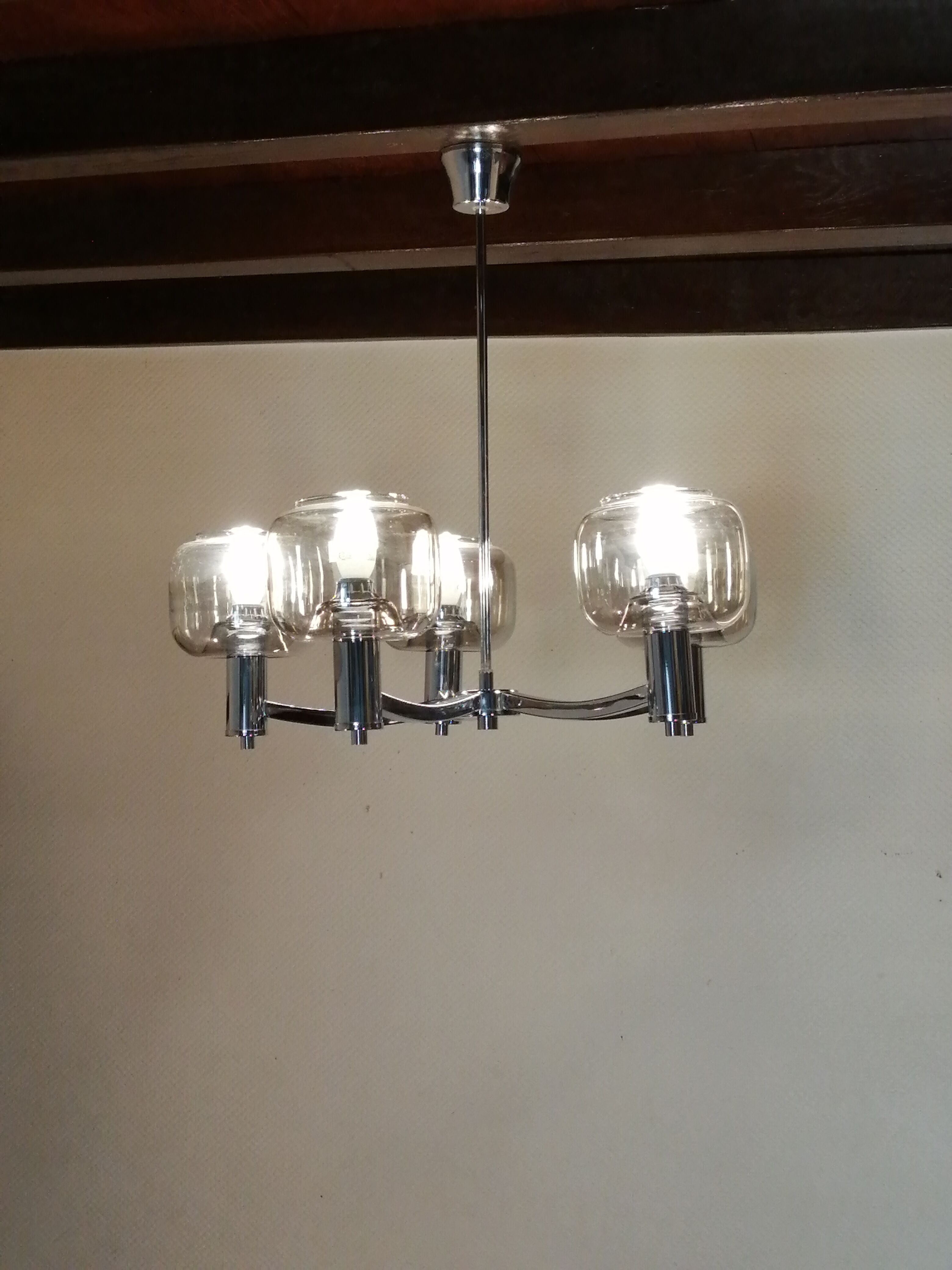 5-spoke chromed metal chandelier and smoked glass globes from Maison See Delmas 1970 vintage