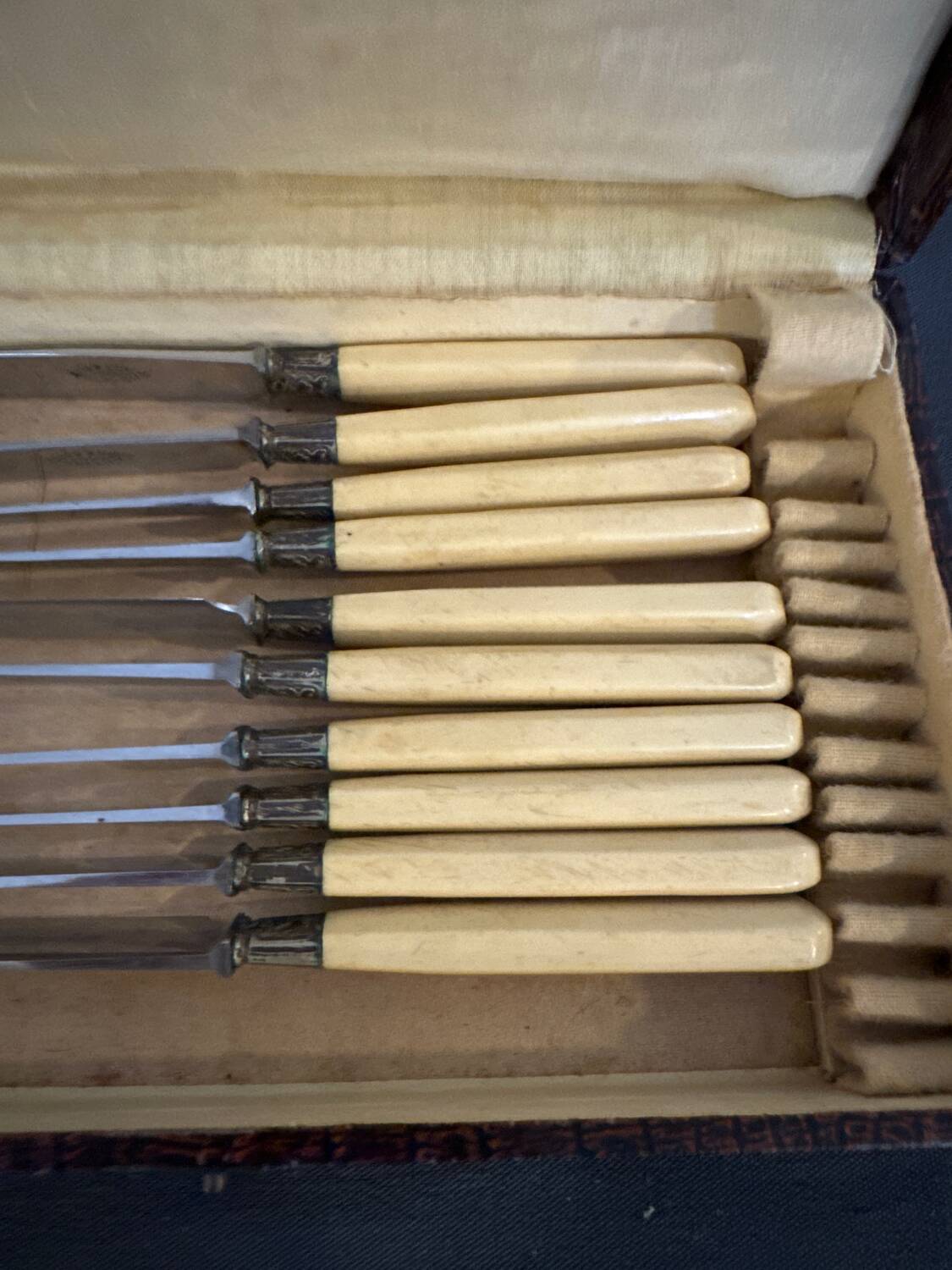Service box of 11 knives with ivory handles and cast steel