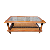 Coffee table in cherry wood, glass and caning.