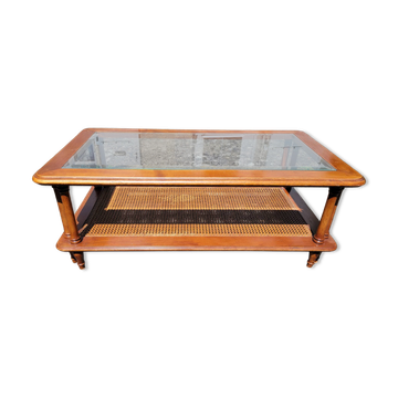Coffee table in cherry wood, glass and caning.