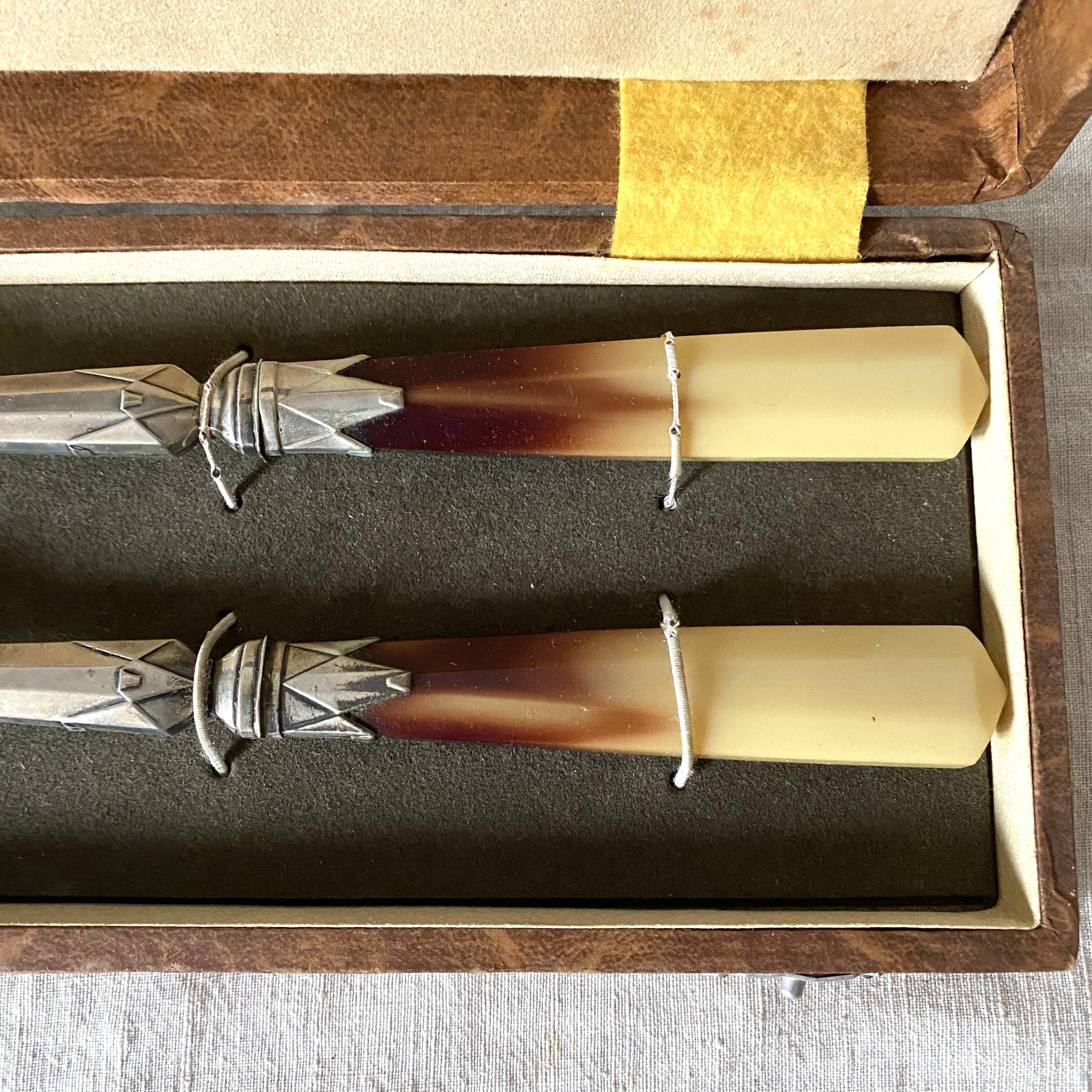 Antique silver plated and horn salad servers