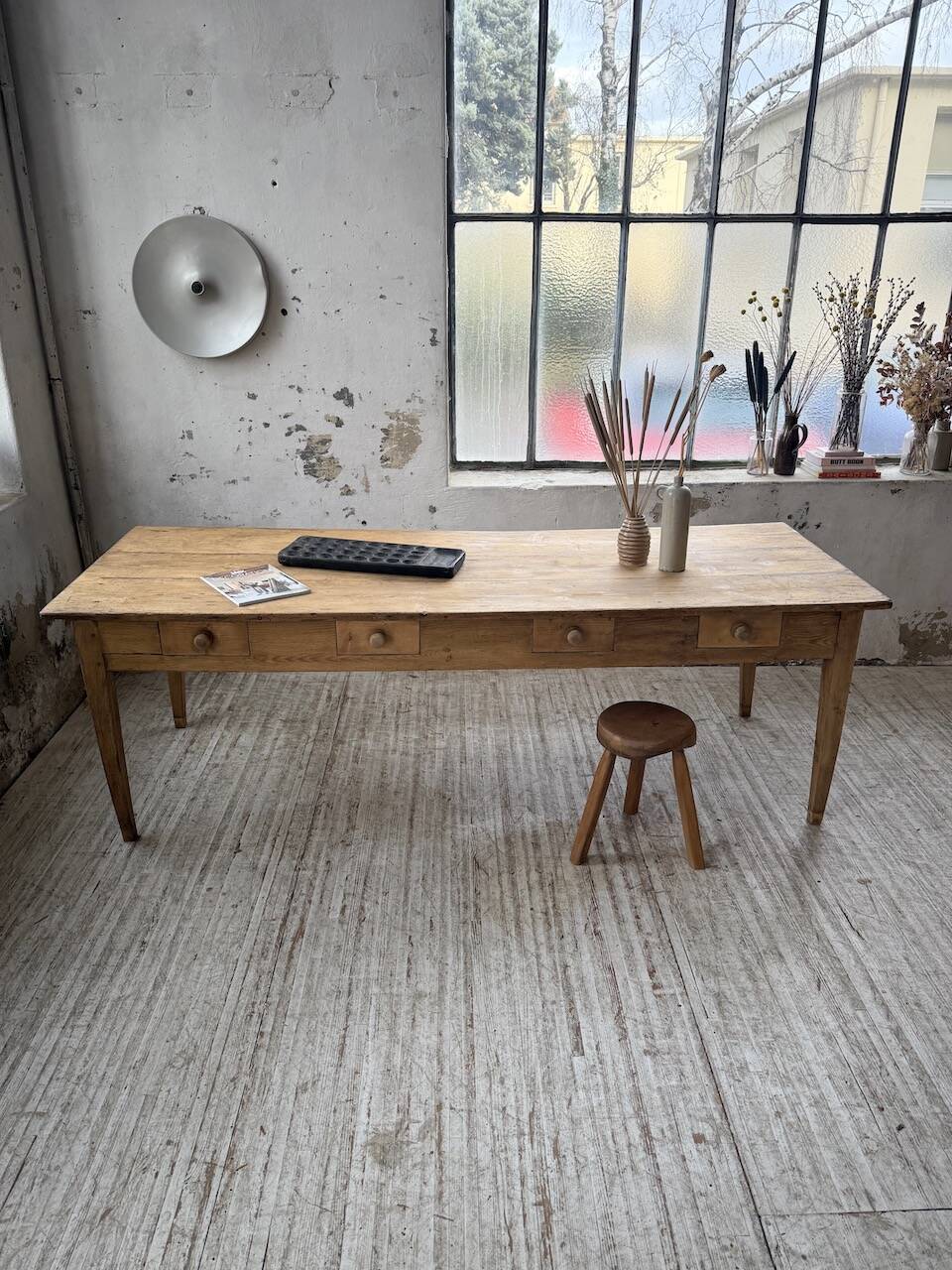 Pine and oak farmhouse table with multiple drawers, communal type, 240cm.