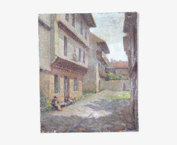 Huile sur toile dame assise dans ruelle Narcisse Ancelme (1872-1938) Art Lorrain alsace 46x38cm