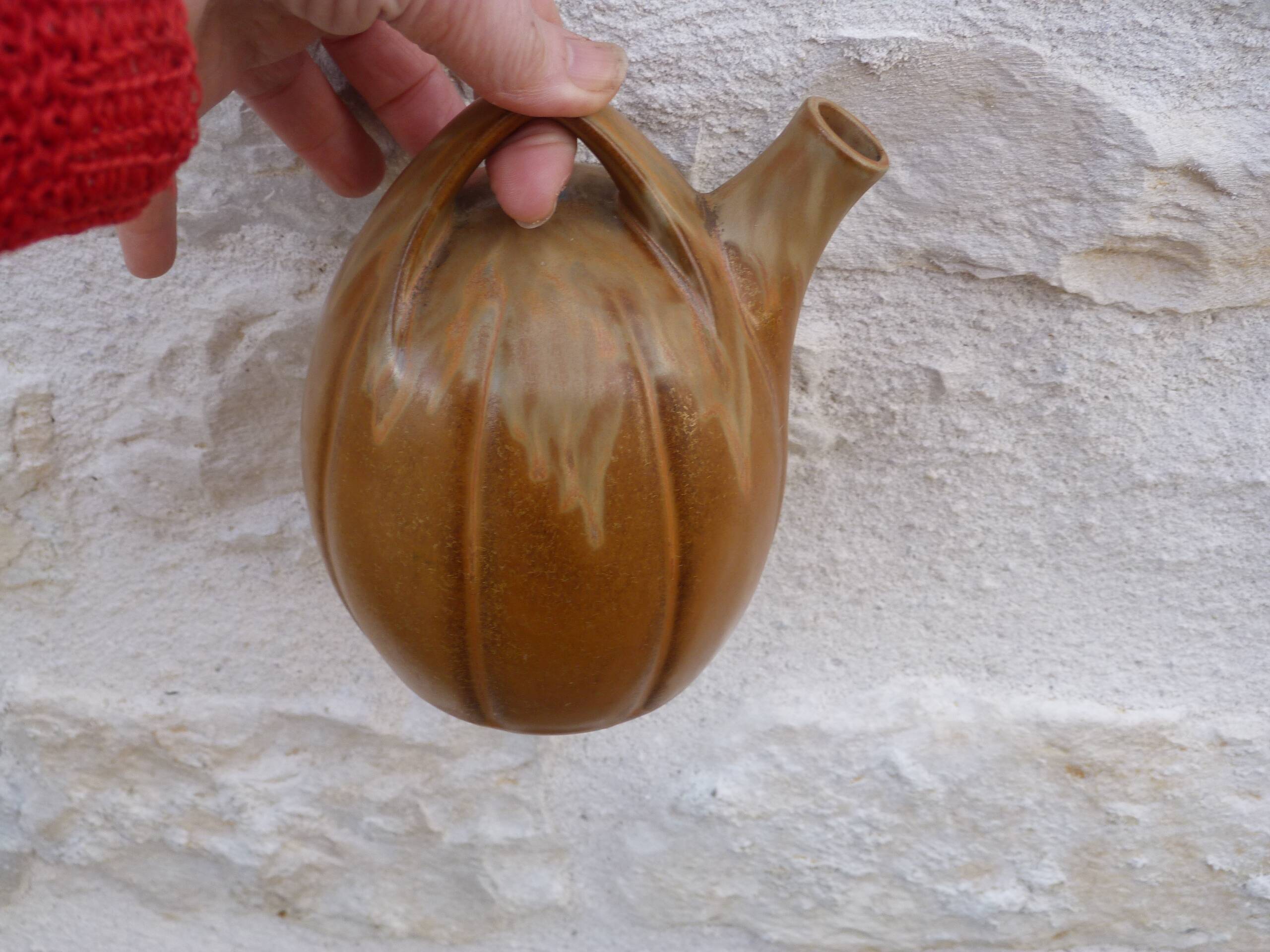 Vintage brown flamed stoneware jug signed Denbac.