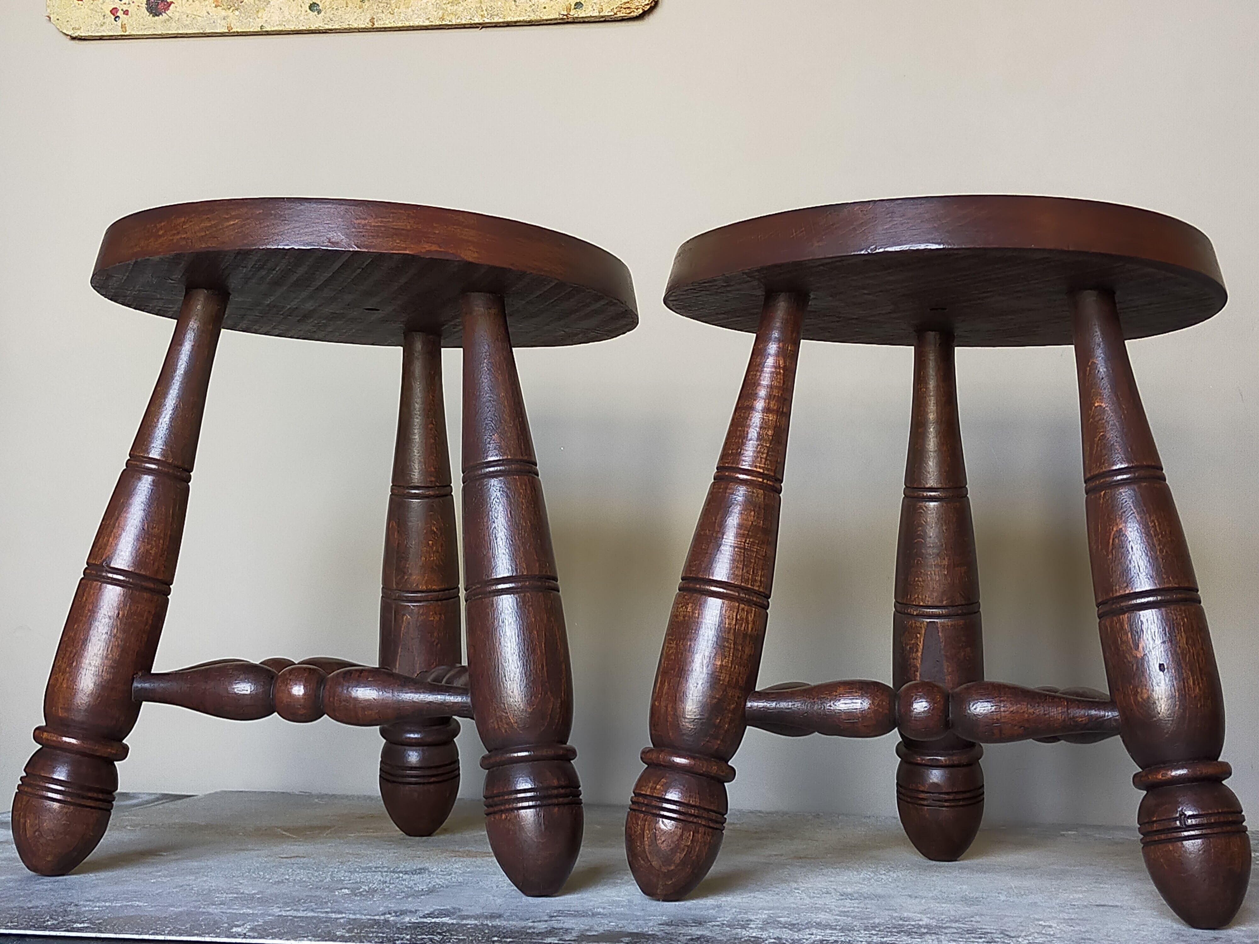 Pair of vintage wooden tripods stools