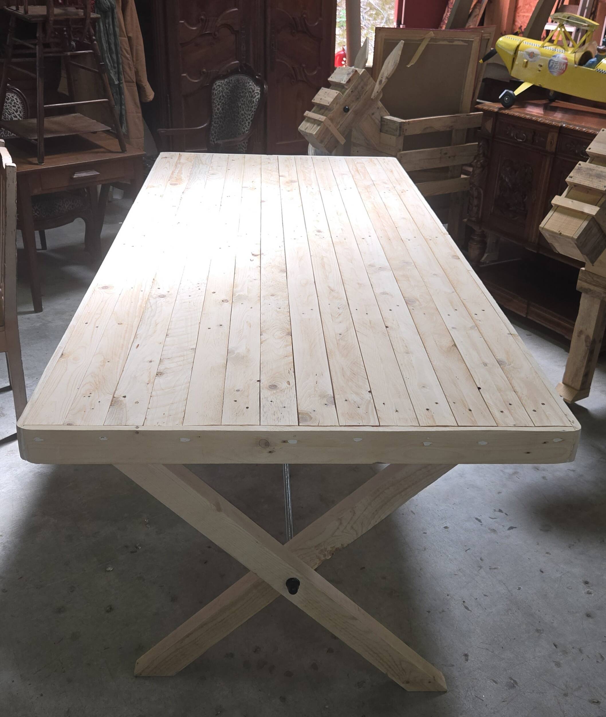 Very large industrial design table / sandblasted solid wood / L 242 cm
