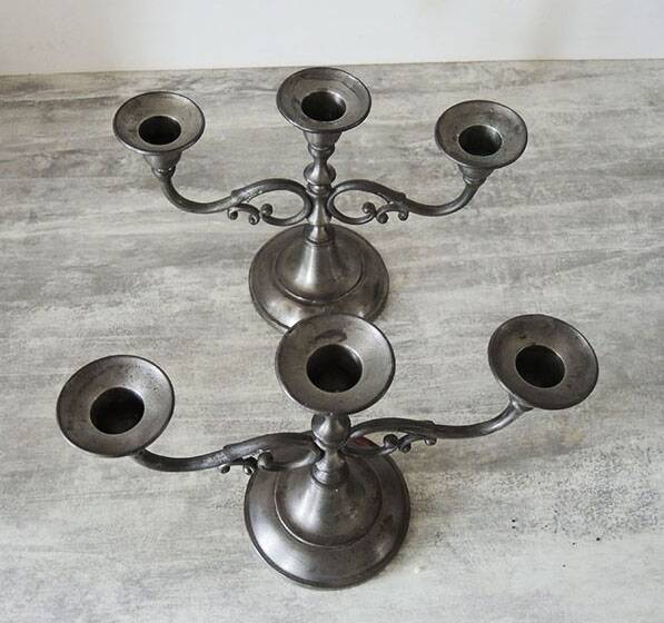 2 old hallmarked pewter 3-branch candlesticks