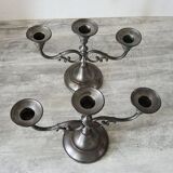 2 old hallmarked pewter 3-branch candlesticks