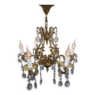 Lustre cage 6 lumières bronze et cristal