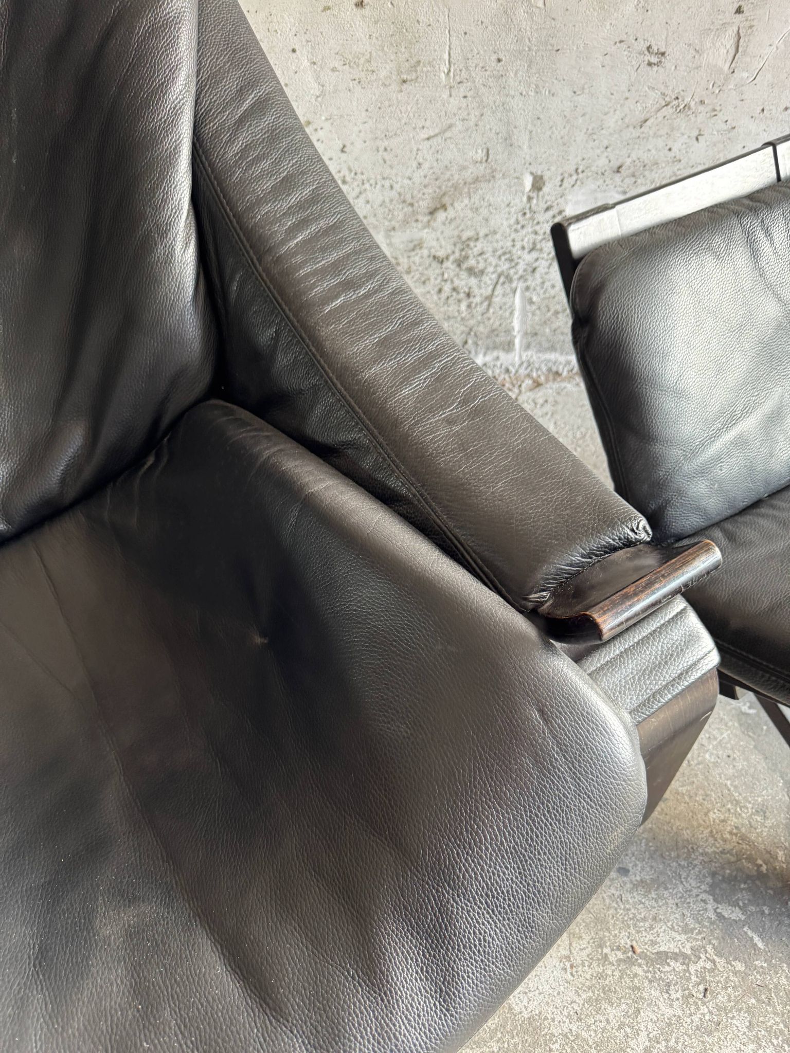 Vintage Scandinavian Black Leather Armchair with Ottoman — Solid Dark Wood Frame, Mid‑Century Modern