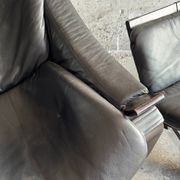 Vintage Scandinavian Black Leather Armchair with Ottoman — Solid Dark Wood Frame, Mid‑Century Modern