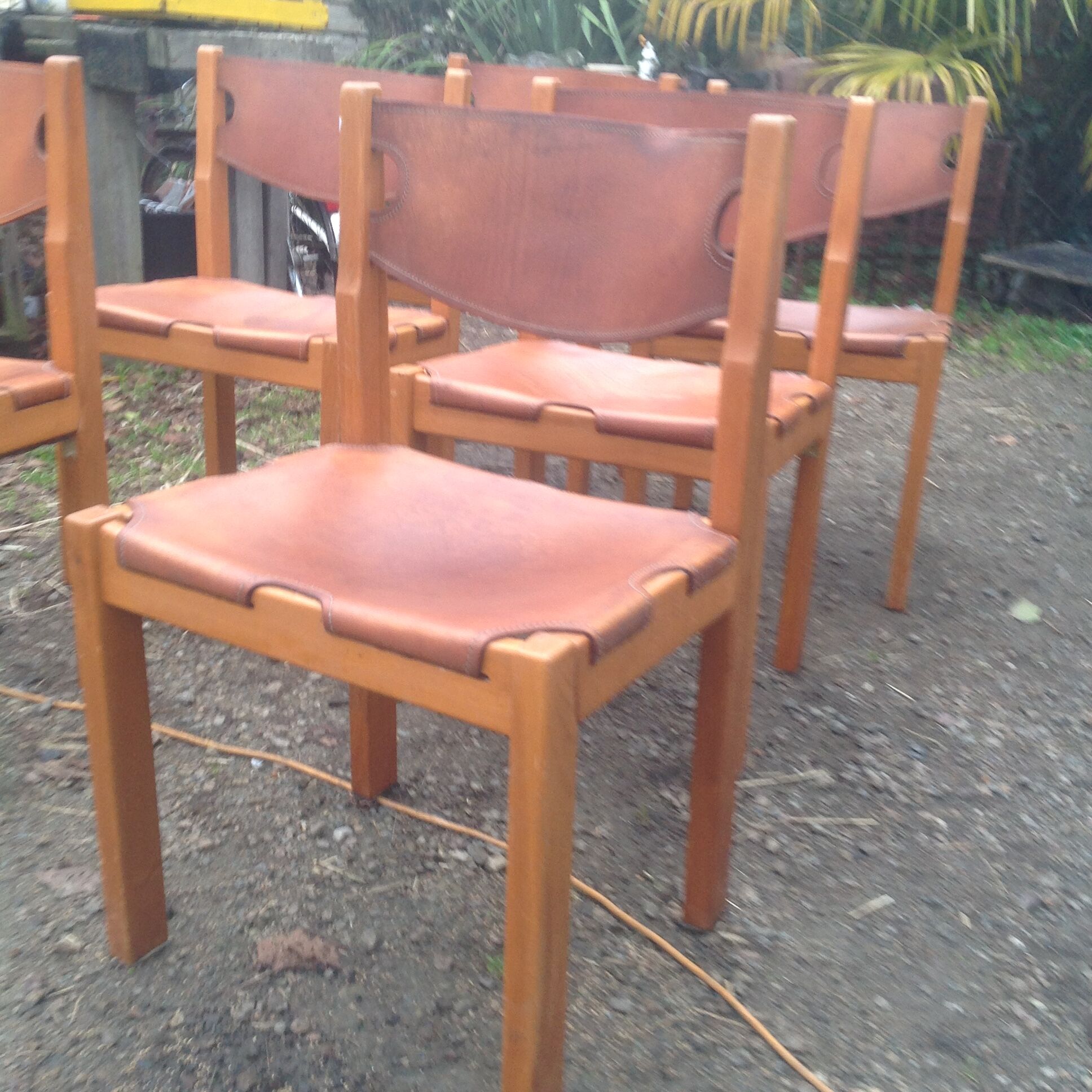 Set of 6 chairs wood and leather 60s