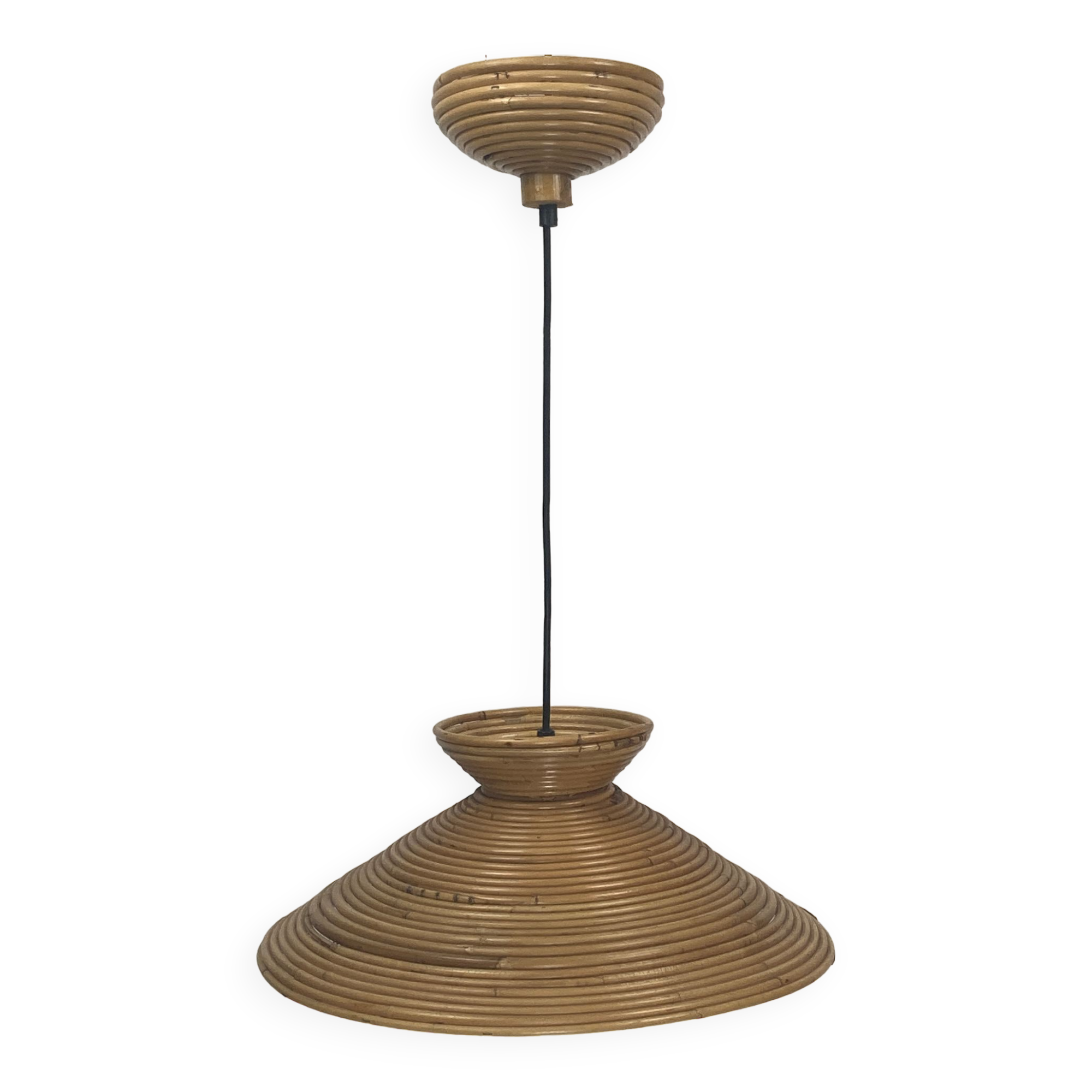 Pencil Split Reed Rattan Bamboo Pendant Lamp, Italy 1970s