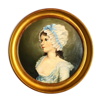 Old painting signed, portrait of lady in medallion