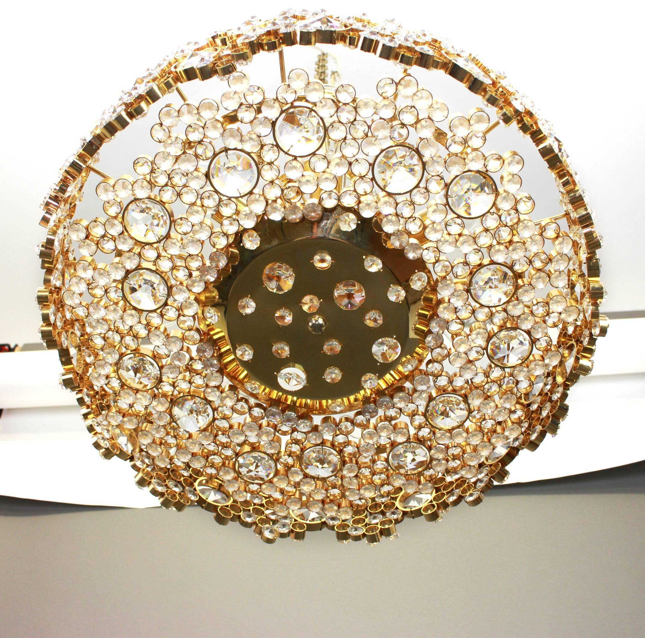 Golden brass chandelier with crystal glass inlays by Palwa, Germany, 1970s.