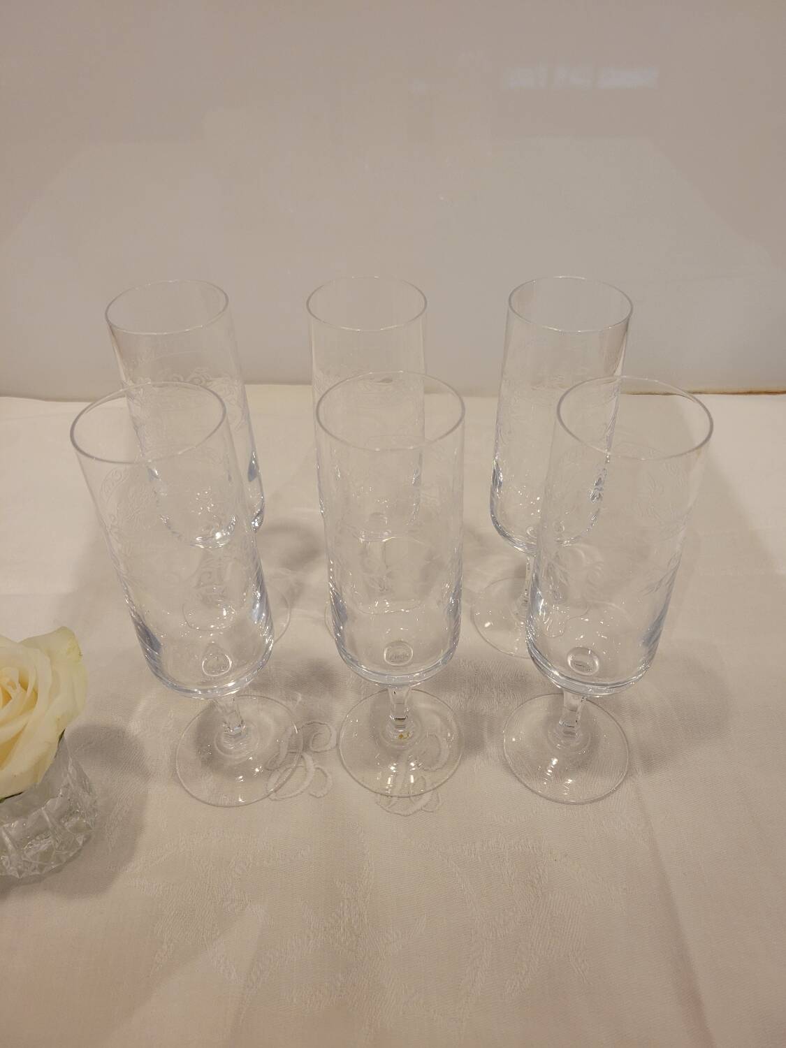 6 engraved crystal champagne flutes (floral) 1920