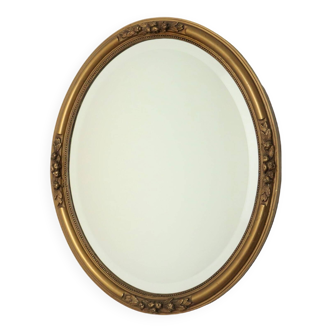 Antique French Mirror Gold Faceted Oval Oak Frame Roses 68cm