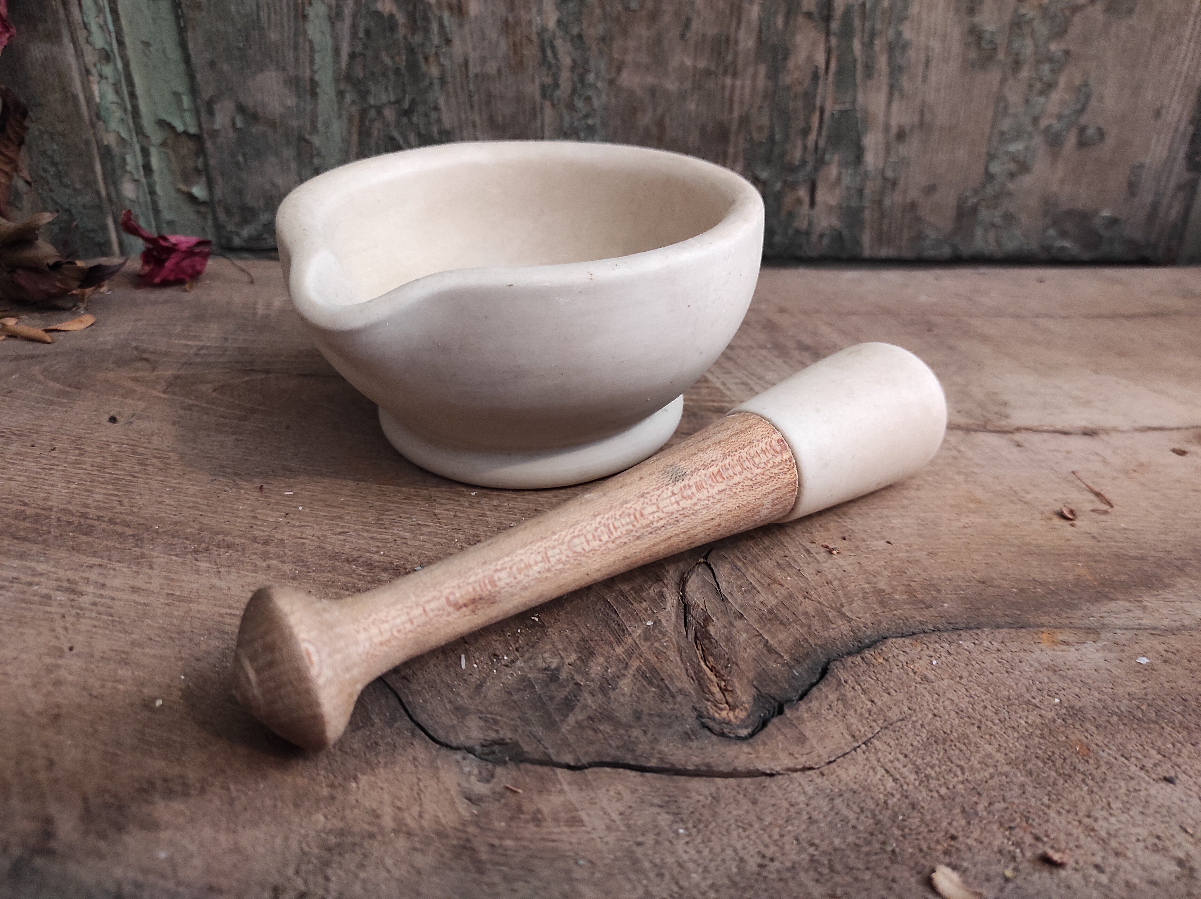 Vintage English ceramic and wooden mortar and pestle set