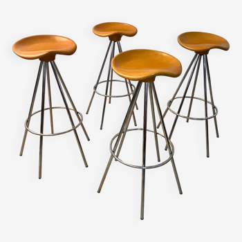 Set of 4 Jamaïca high bar stools design Pepe Cortes wood and metal