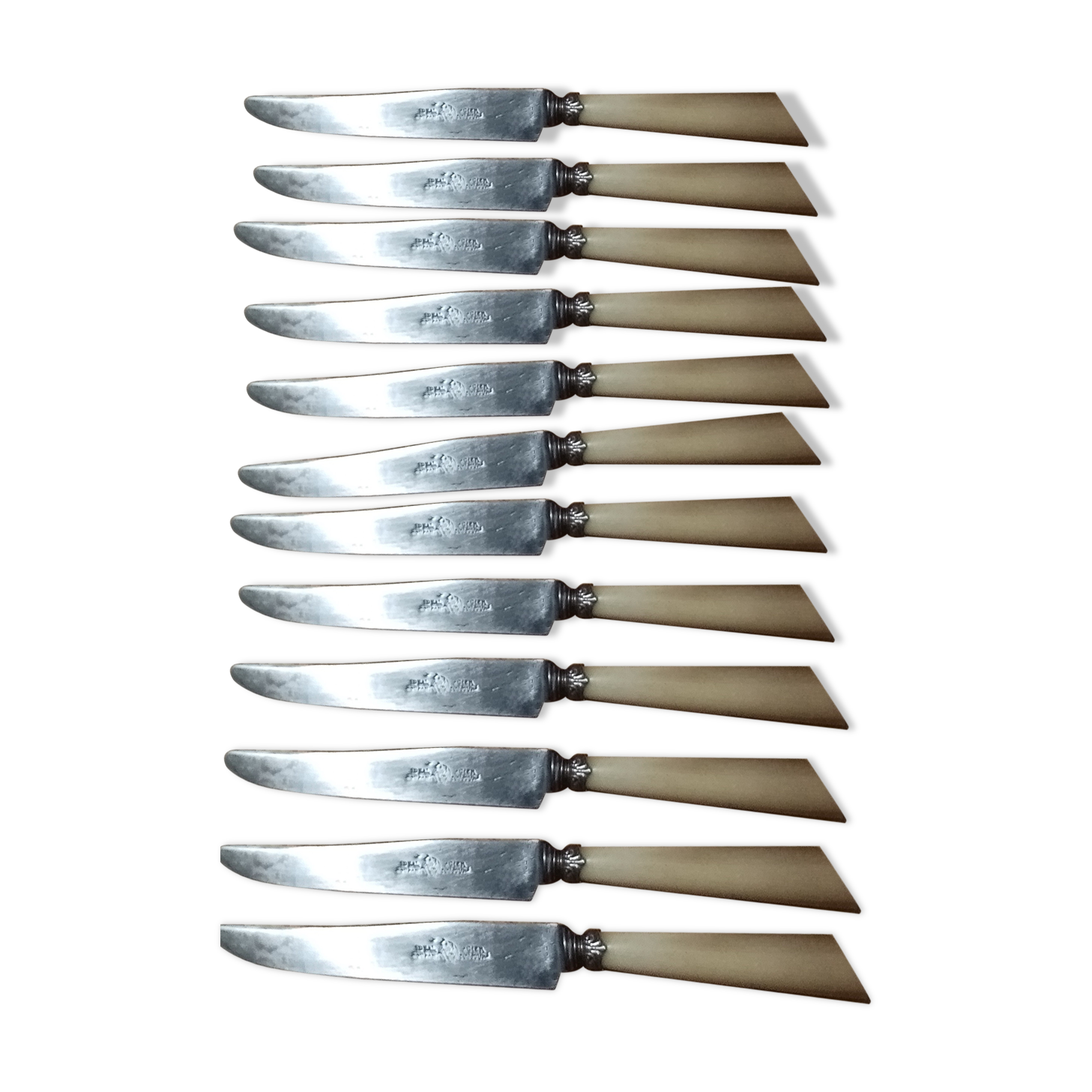 Box 12 old cheese knife 19th blade steel virole silver handle horn