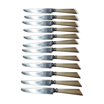 Box 12 old cheese knife 19th blade steel virole silver handle horn