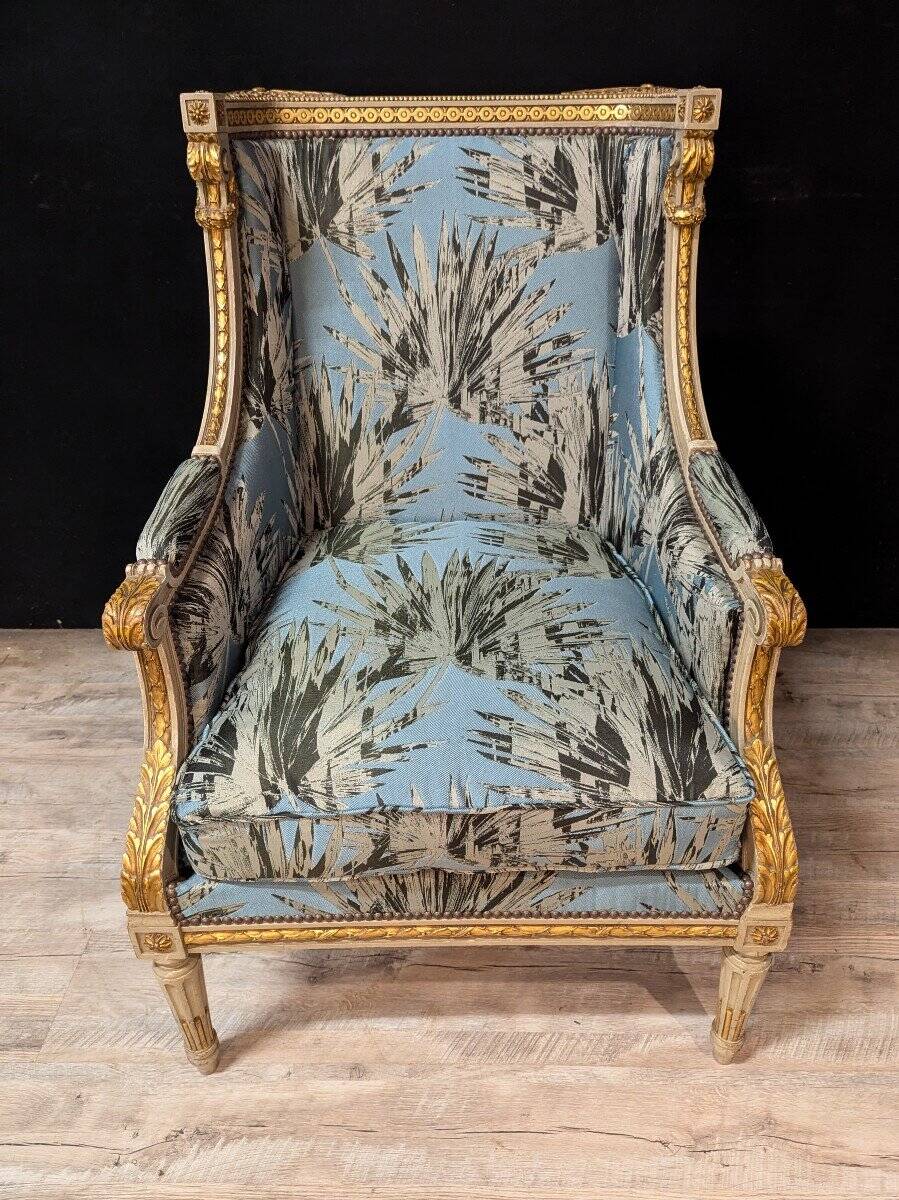 Louis XVI bergère with upholstered ears in lacquered wood